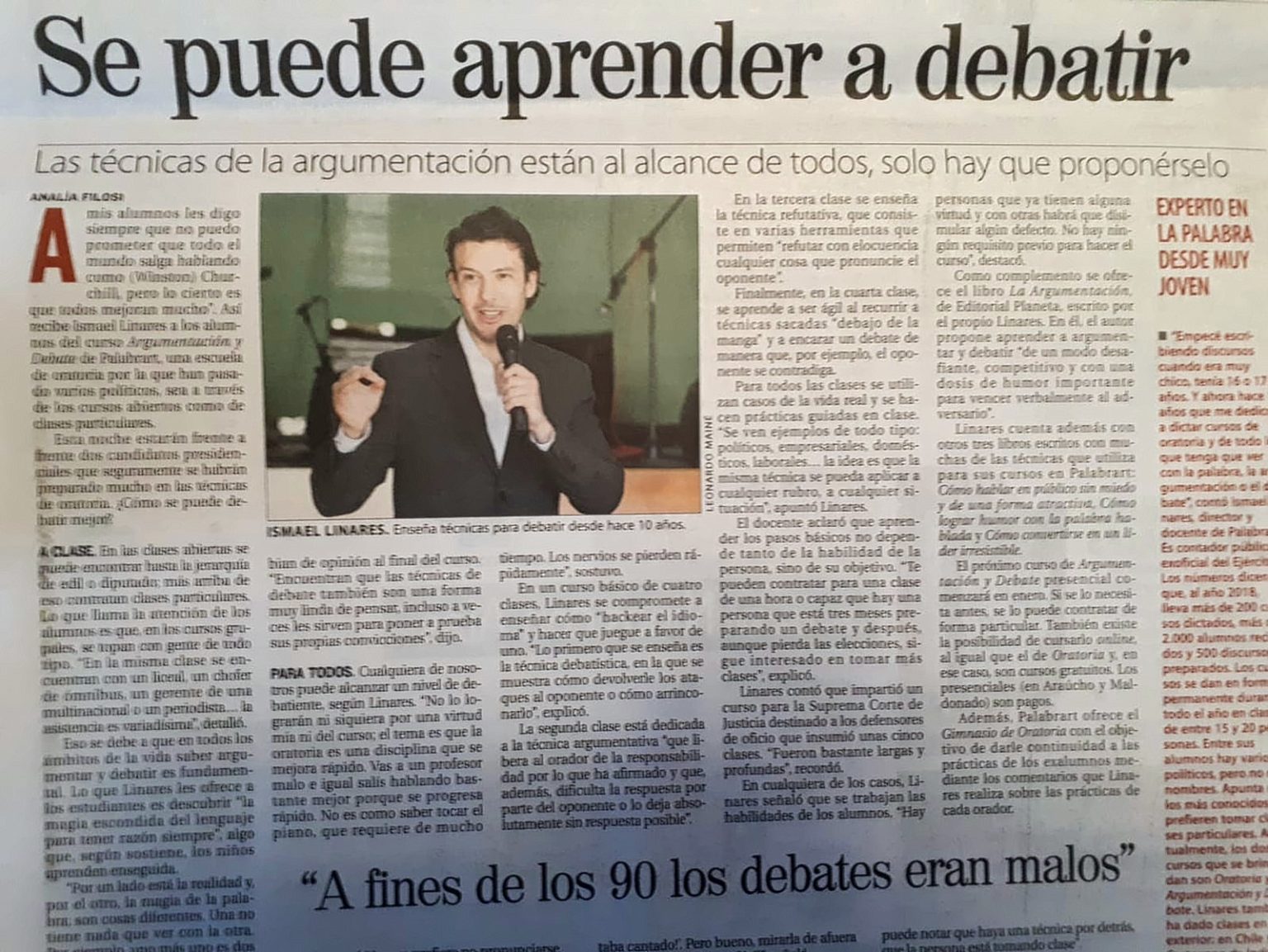 Nota de diario titulada Se puede aprender a debatir, con foto de Ismael Linares